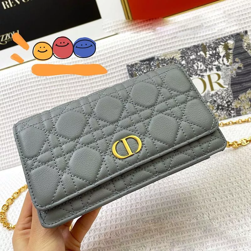 Hot Dior Caro Belt Pouch with Chain Cannage Calfskin Grey 0113