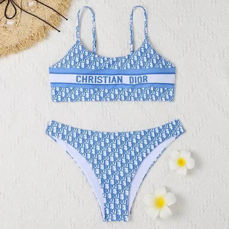 Affordable Hot Christian Dior Spaghetti Bikini Women Oblique Motif Lycra Sky Blue 0125