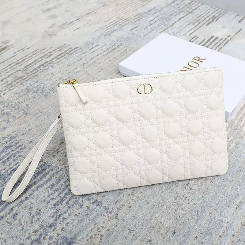 Hot Dior Zipped Pouch Cannage Topstitching Calfskin White 0113