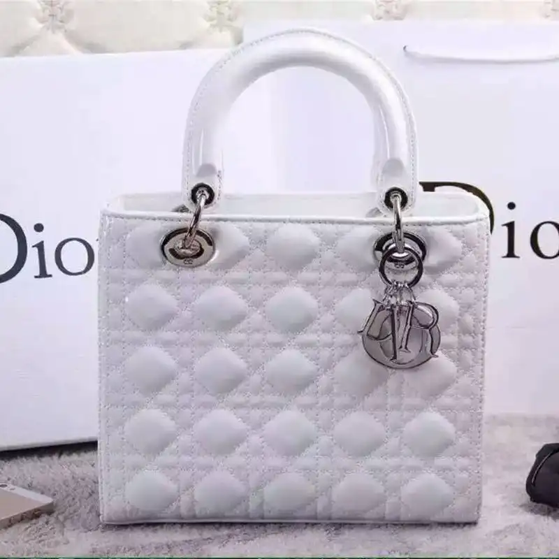 Affordable Hot Medium Lady Dior Bag Patent Cannage Calfskin White Silver 0129