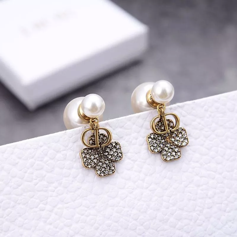 Hot Dior Tribales Earrings Antique CD, White Resin Pearls And White Four-Leaf Clover Gold 0118