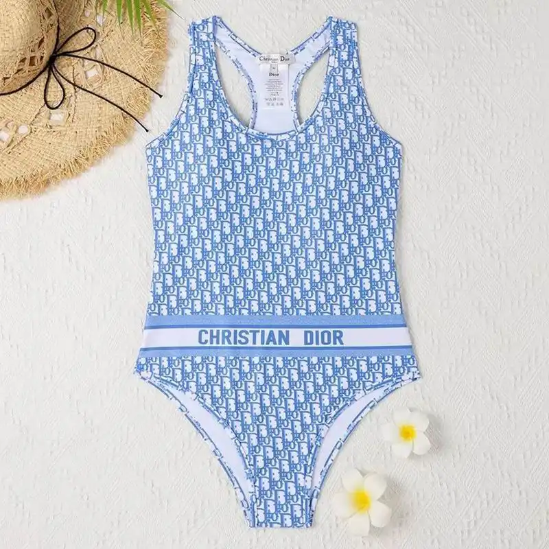 Affordable Hot Christian Dior Racerback Swimsuit Women Oblique Motif Lycra Sky Blue 0125