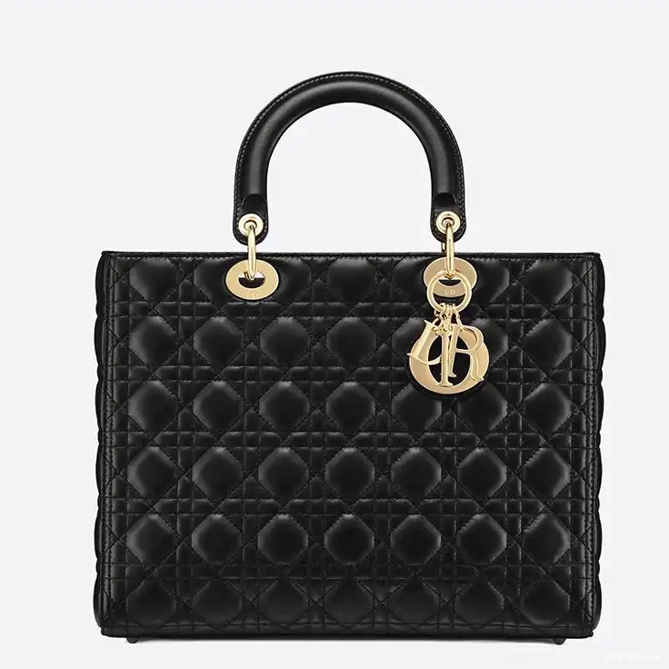 Cheap Hot Gold Lady Large Bag Black Dior Lambskin Cannage 0218