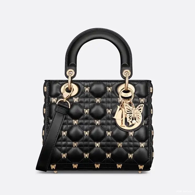 Affordable Hot Butterfly Small Lambskin with Lady Dior Cannage Bag Studs Black 0209