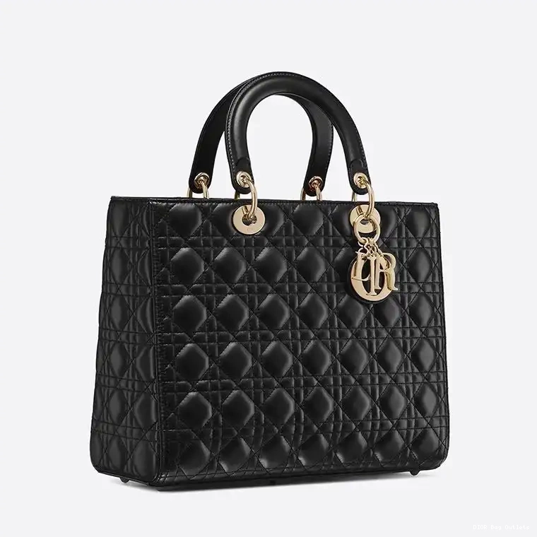 Cheap Hot Cannage Dior Lambskin Lady Gold Bag Black Large 0219