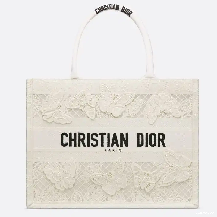 Affordable Hot Motif Tote Dior White Canvas Book Butterfly D-Lace 0214