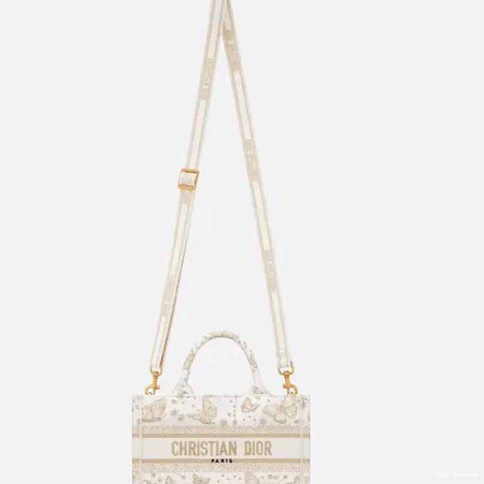 Affordable Hot Book Motif White Canvas Tote Zodiac with Mini Butterfly Strap Gold Dior 0222