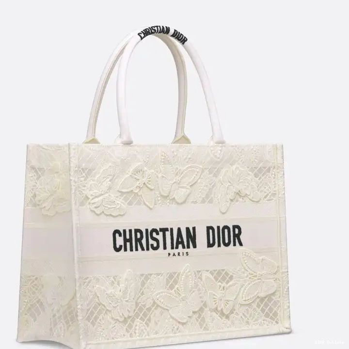 Affordable Hot Motif Tote Dior White Canvas Book Butterfly D-Lace 0214