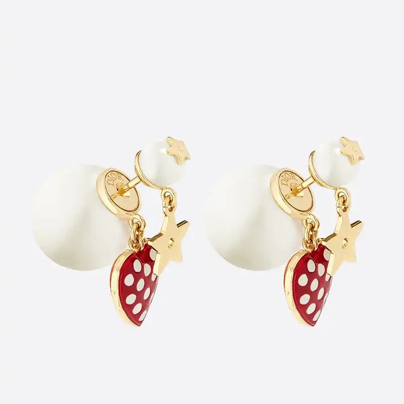 Affordable Hot Dior Tribales Dioramour Earrings Metal, White Resin Pearls and Red Lacquer with White Polka Dots Gold 0204