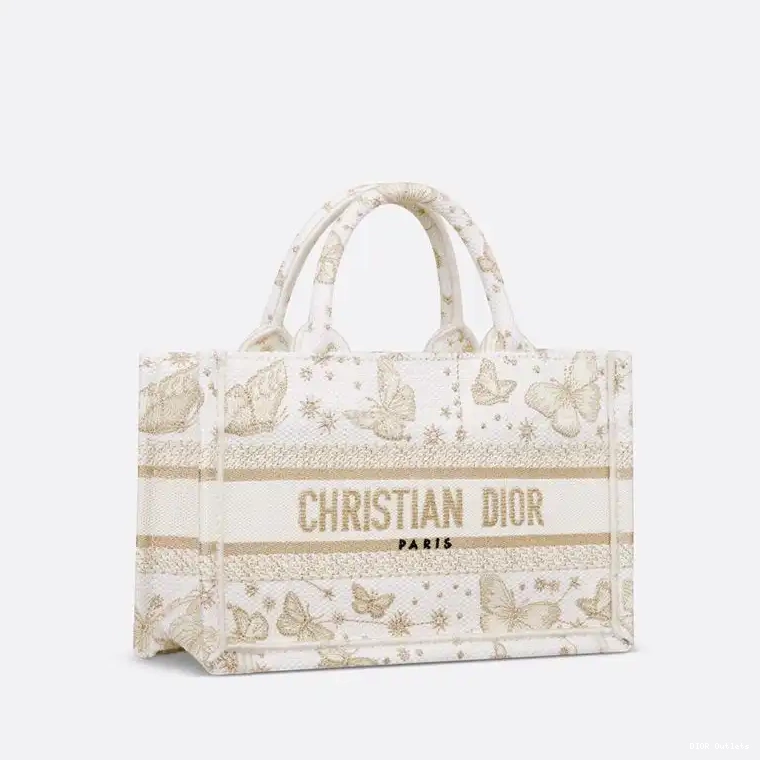 Affordable Hot Book Motif White Canvas Tote Zodiac with Mini Butterfly Strap Gold Dior 0222