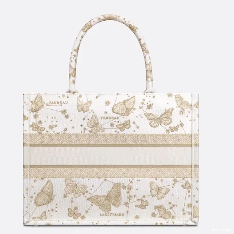 Affordable Hot Gold Dior Butterfly Tote Motif Zodiac Book White Canvas 0216