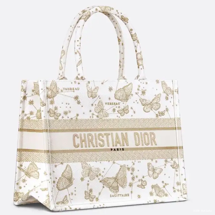 Affordable Hot Gold Dior Butterfly Tote Motif Zodiac Book White Canvas 0216