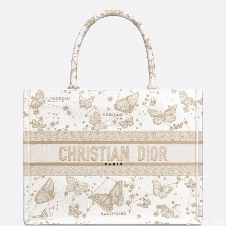 Affordable Hot Gold Dior Butterfly Tote Motif Zodiac Book White Canvas 0216