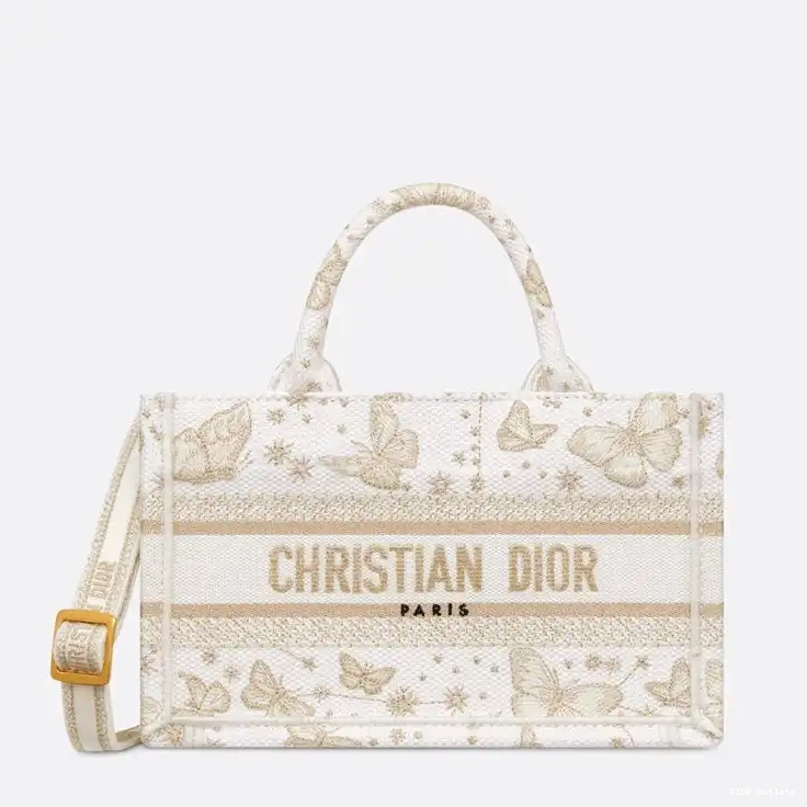 Affordable Hot Book Motif White Canvas Tote Zodiac with Mini Butterfly Strap Gold Dior 0222