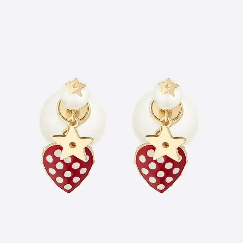 Affordable Hot Dior Tribales Dioramour Earrings Metal, White Resin Pearls and Red Lacquer with White Polka Dots Gold 0204